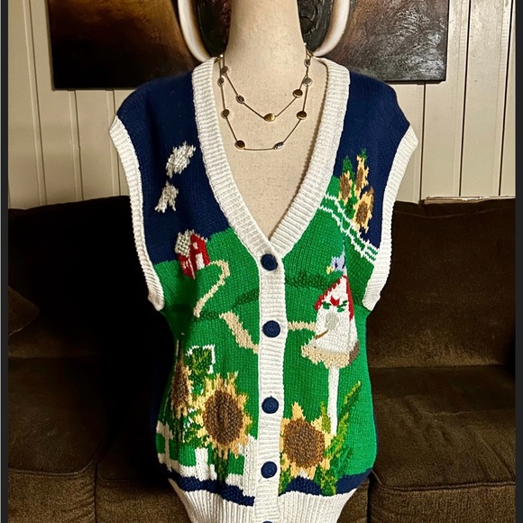 P’ Galli Designs~Blue/Green Medium Vest W/Sunflower & Barn Scene Embroidery (New - Picture 5 of 14